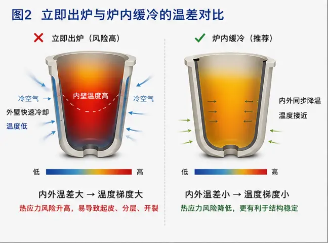 PBN坩埚立即出炉与炉内缓冷温差对比图 PBN坩埚立即出炉与炉内缓冷温差对比