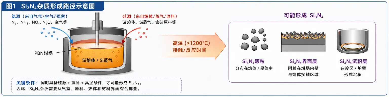 PBN坩埚单晶生长Si3N4杂质形成路径 PBN坩埚单晶生长Si3N4杂质形成路径示意图